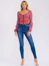 WOMEN'S LONG SLEEVE BUTTON CLOSURE SMOCK PEPLUM BLOUSE