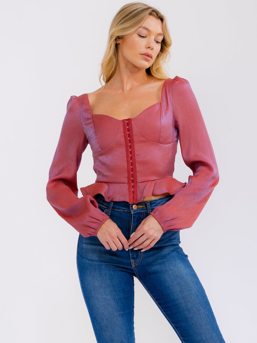 WOMEN'S LONG SLEEVE BUTTON CLOSURE SMOCK PEPLUM BLOUSE
