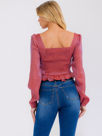 WOMEN'S LONG SLEEVE BUTTON CLOSURE SMOCK PEPLUM BLOUSE