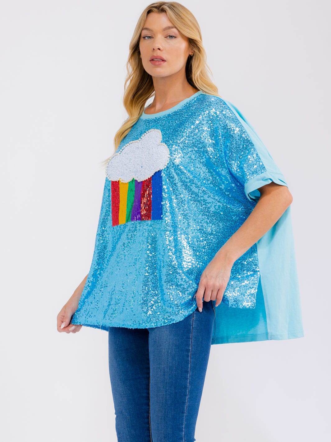WOMEN'S SHORT SLEEVE SEQUINS GRAPHIC HIGH-LOW OVERSIZED SHIRT
