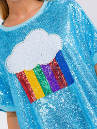 WOMEN'S SHORT SLEEVE SEQUINS GRAPHIC HIGH-LOW OVERSIZED SHIRT