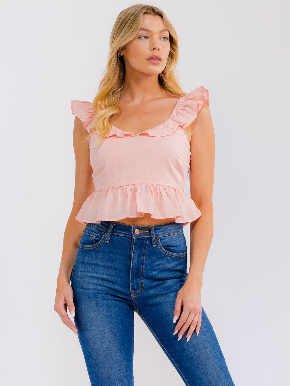 WOMEN'S SLEEVELESS OPEN BACK RUFFLE CROP TOP