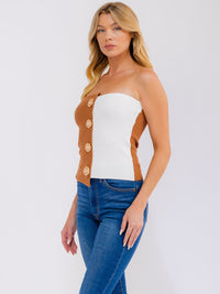 WOMEN'S SLEEVELESS BUTTON DETAILED COLORBLOCK RIBBED TUBE TOP