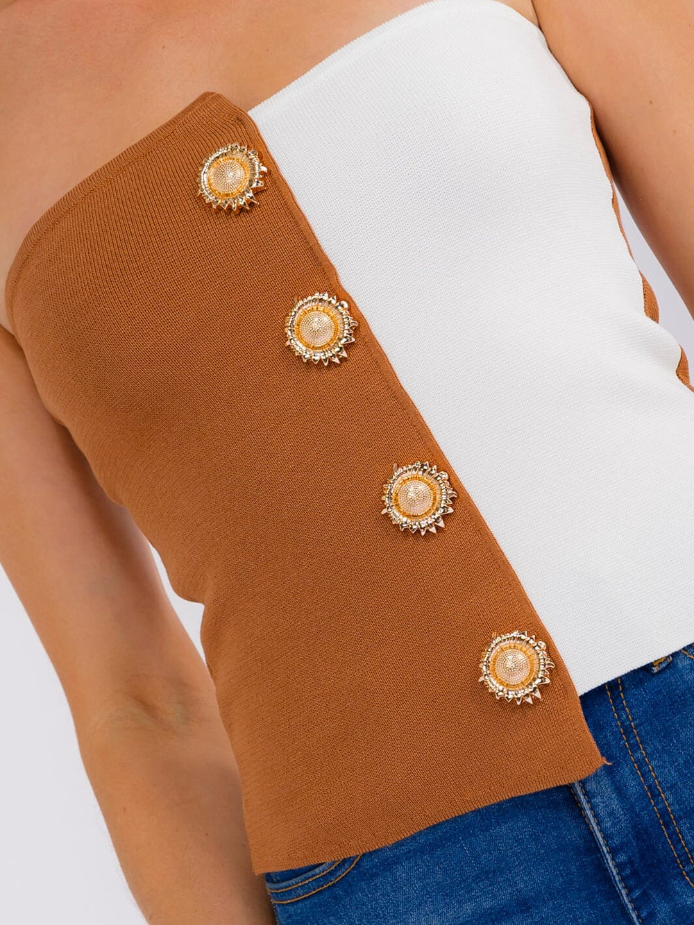 WOMEN'S SLEEVELESS BUTTON DETAILED COLORBLOCK RIBBED TUBE TOP
