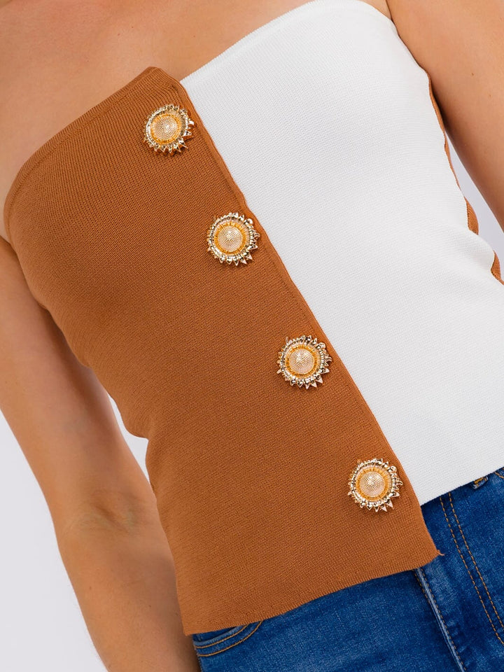 WOMEN'S SLEEVELESS BUTTON DETAILED COLORBLOCK RIBBED TUBE TOP