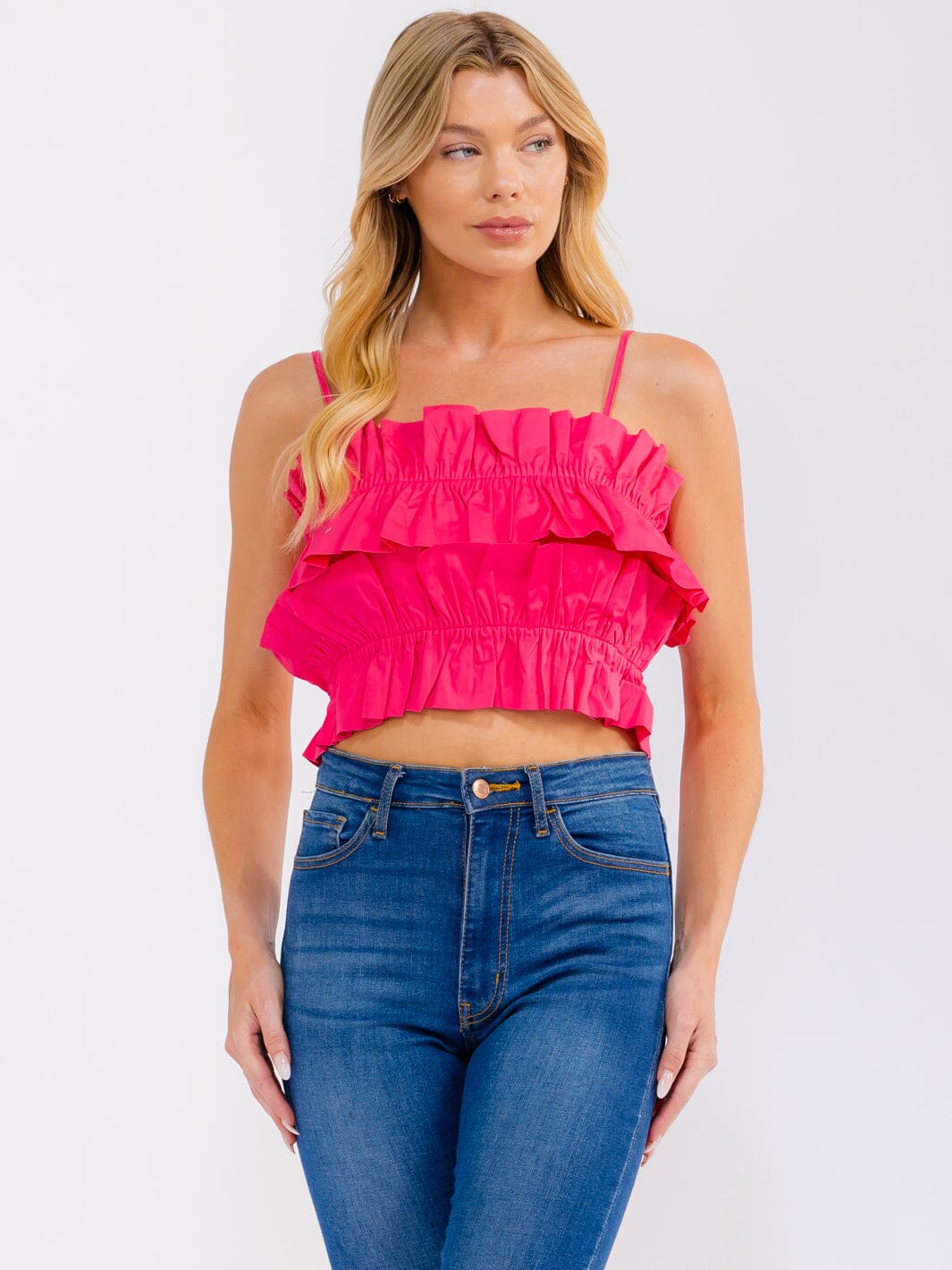 WOMEN'S SLEEVELESS TIERED RUFFLE ELASTIC WAIST CROP TANK TOP