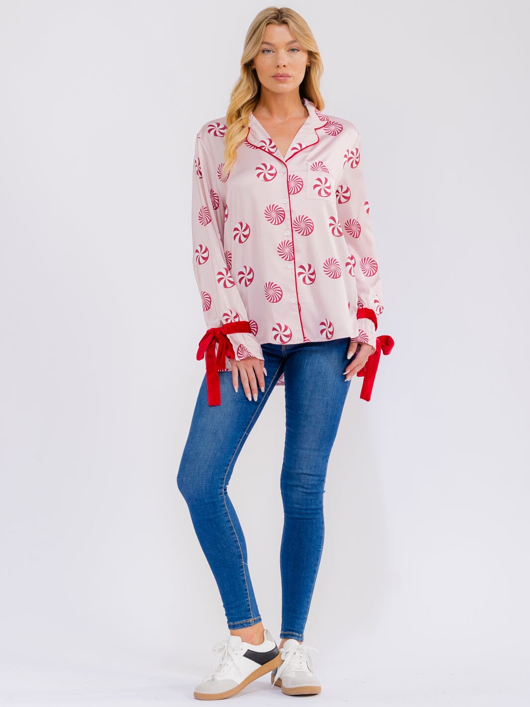 WOMEN'S LONG SLEEVE BUTTON UP FRONT POCKETS HIGH-LOW PRINT BLOUSE