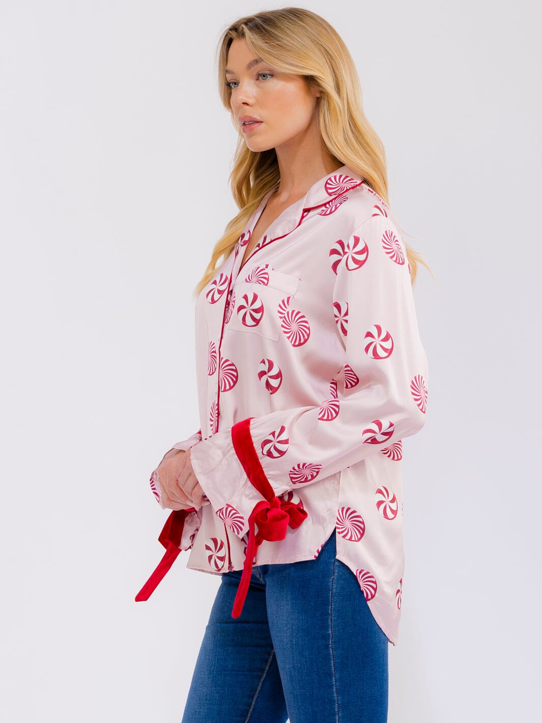 WOMEN'S LONG SLEEVE BUTTON UP FRONT POCKETS HIGH-LOW PRINT BLOUSE