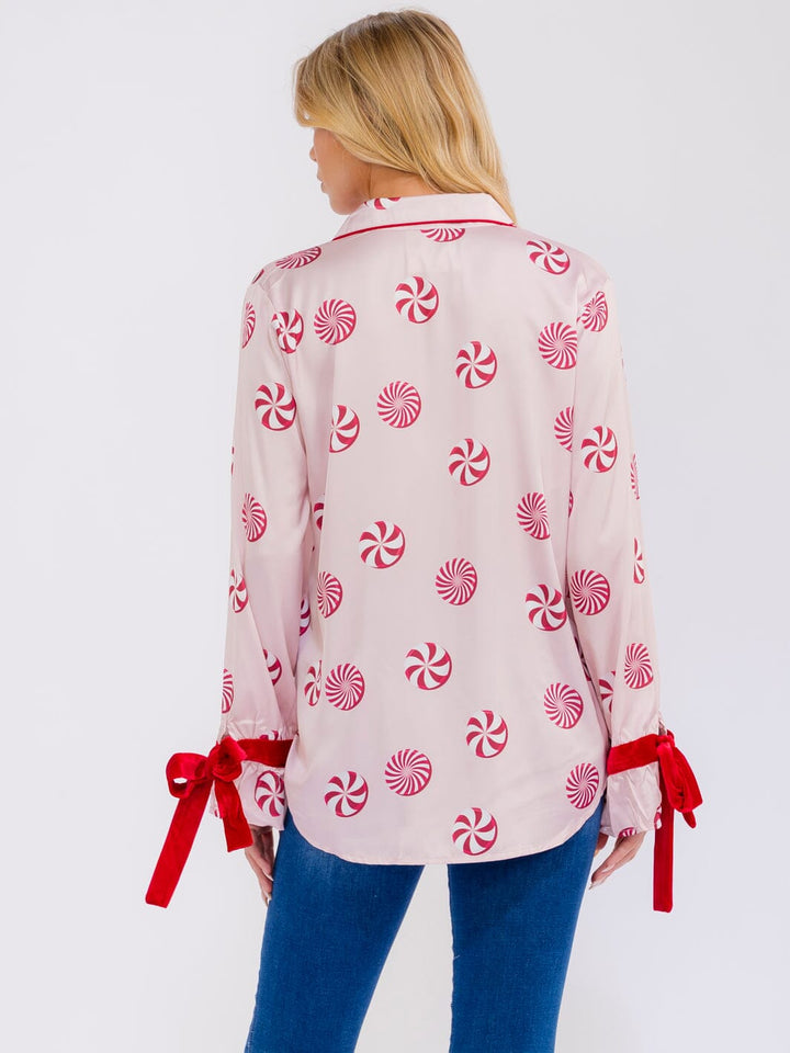 WOMEN'S LONG SLEEVE BUTTON UP FRONT POCKETS HIGH-LOW PRINT BLOUSE