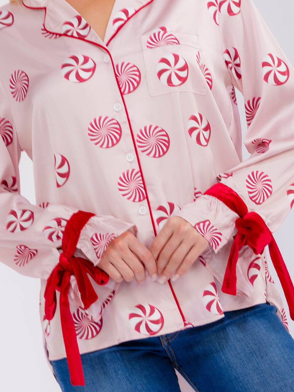 WOMEN'S LONG SLEEVE BUTTON UP FRONT POCKETS HIGH-LOW PRINT BLOUSE