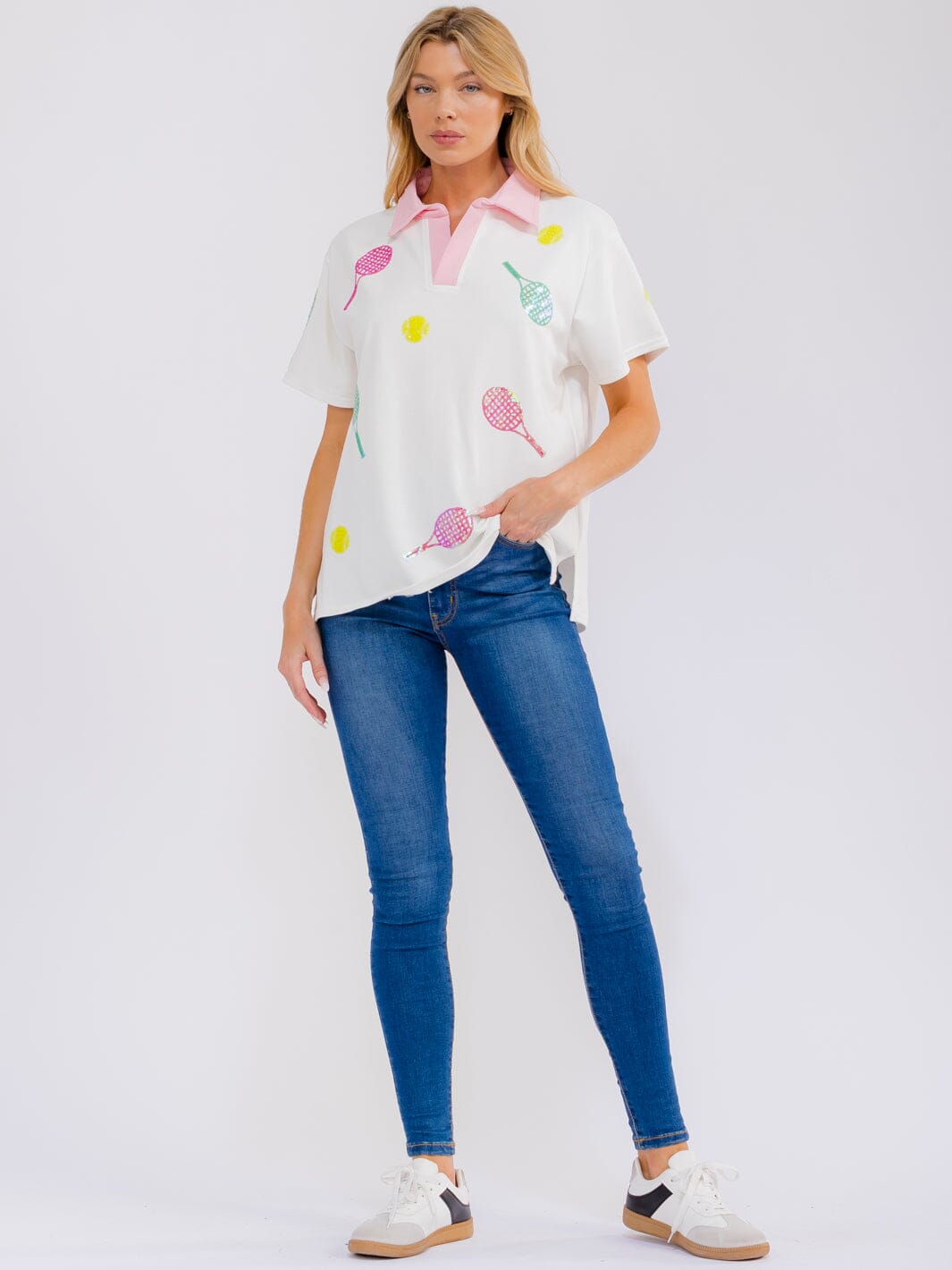 WOMEN'S SHORT SLEEVE BUTTON UP SEQUINS GRAPHIC OVERSIZED SHIRT