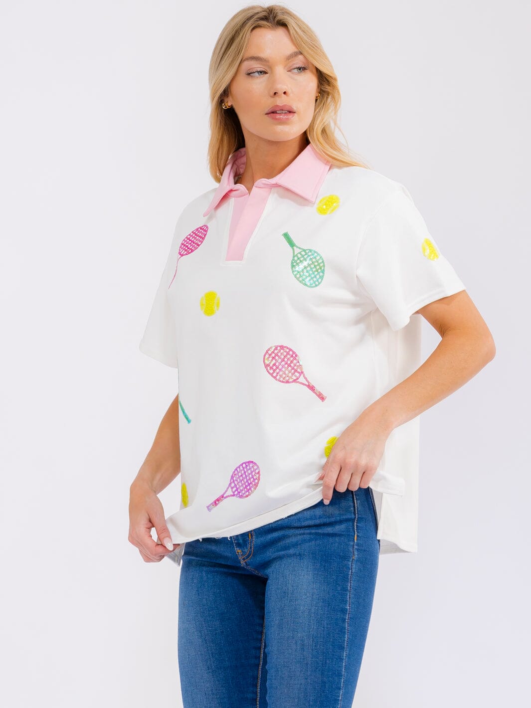 WOMEN'S SHORT SLEEVE BUTTON UP SEQUINS GRAPHIC OVERSIZED SHIRT