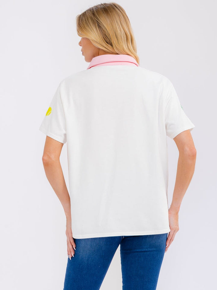 WOMEN'S SHORT SLEEVE BUTTON UP SEQUINS GRAPHIC OVERSIZED SHIRT