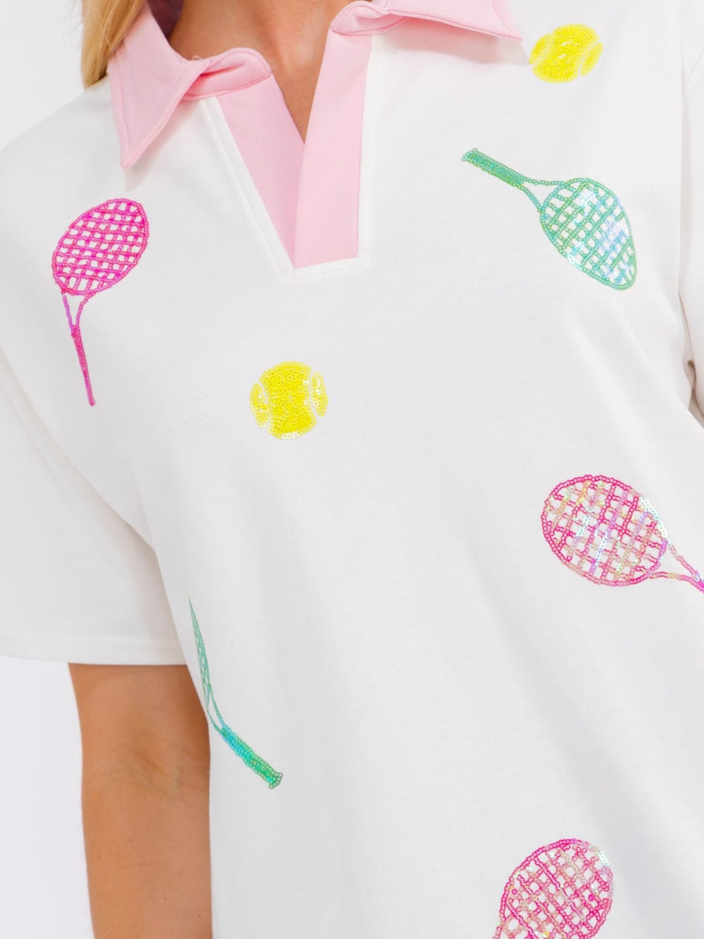 WOMEN'S SHORT SLEEVE BUTTON UP SEQUINS GRAPHIC OVERSIZED SHIRT