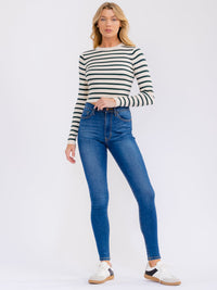 WOMEN'S LONG SLEEVE STRIPES COLORBLOCK TOP