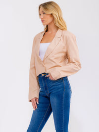 WOMEN'S LONG SLEEVE BUTTON CLOSURE PU PLEATHER BLAZER