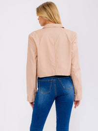 WOMEN'S LONG SLEEVE BUTTON CLOSURE PU PLEATHER BLAZER