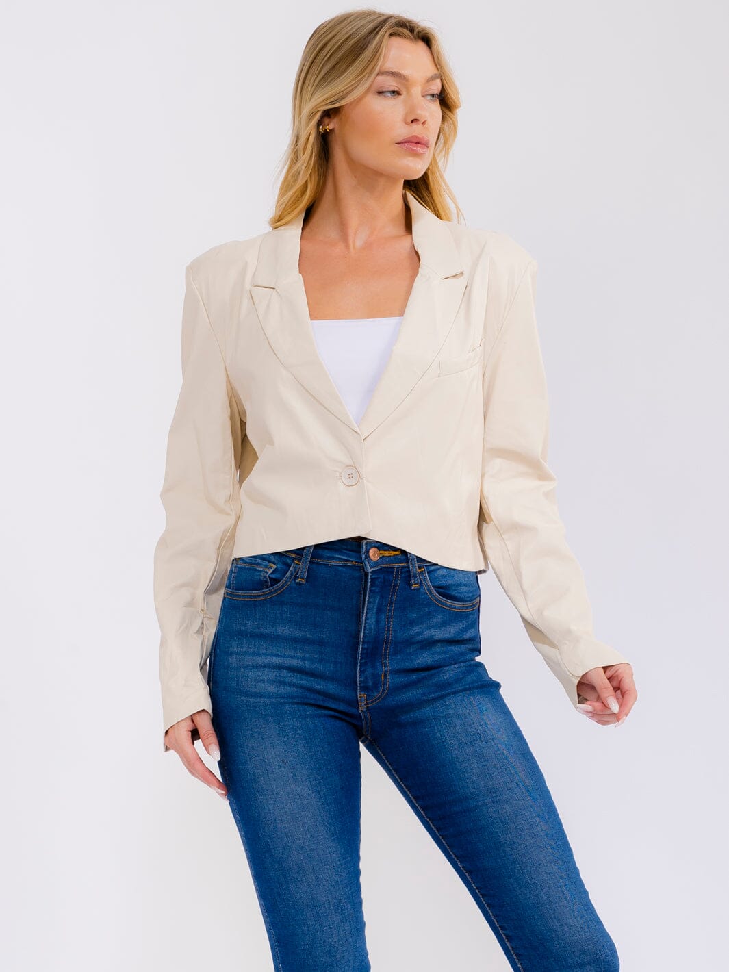 WOMEN'S LONG SLEEVE BUTTON CLOSURE PU PLEATHER BLAZER