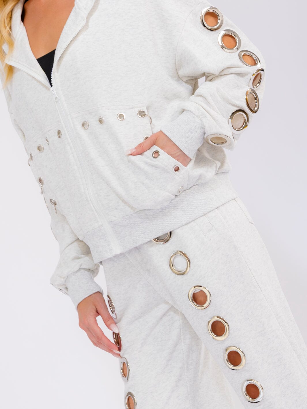WOMEN'S LONG SLEEVE HOODED SWEATER & ELASTIC WAIST WIDE LEG PANTS METAL EYELET DETAILED 2PC. SET