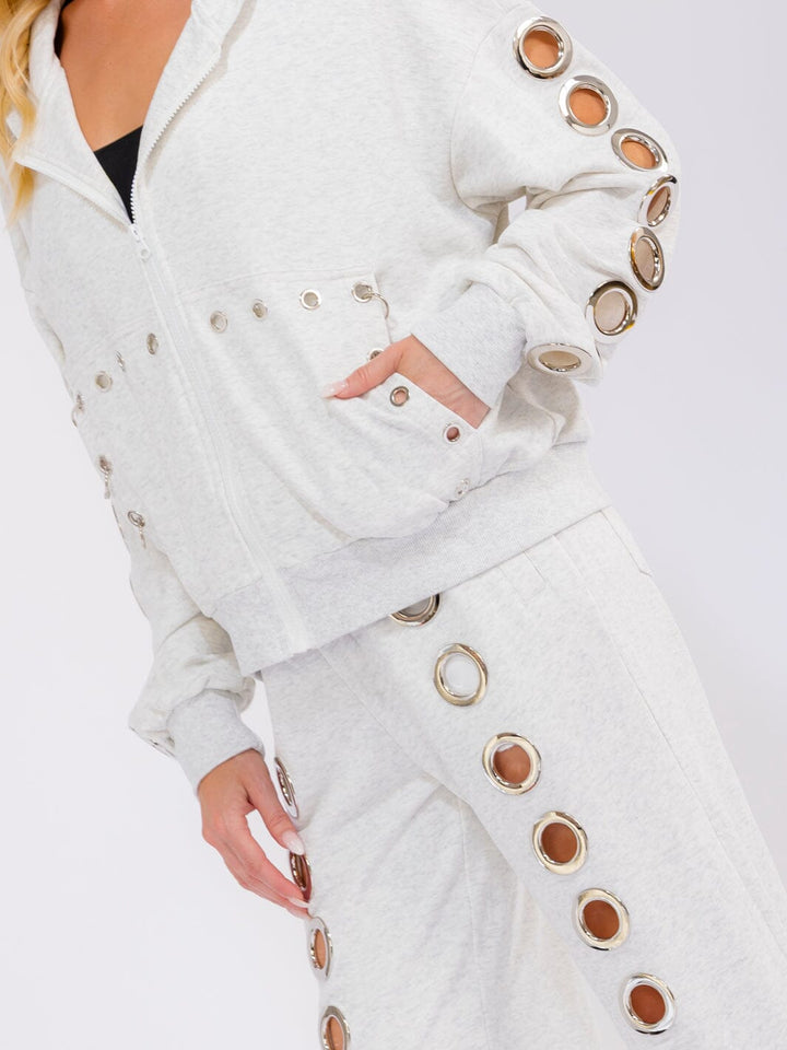 WOMEN'S LONG SLEEVE HOODED SWEATER & ELASTIC WAIST WIDE LEG PANTS METAL EYELET DETAILED 2PC. SET
