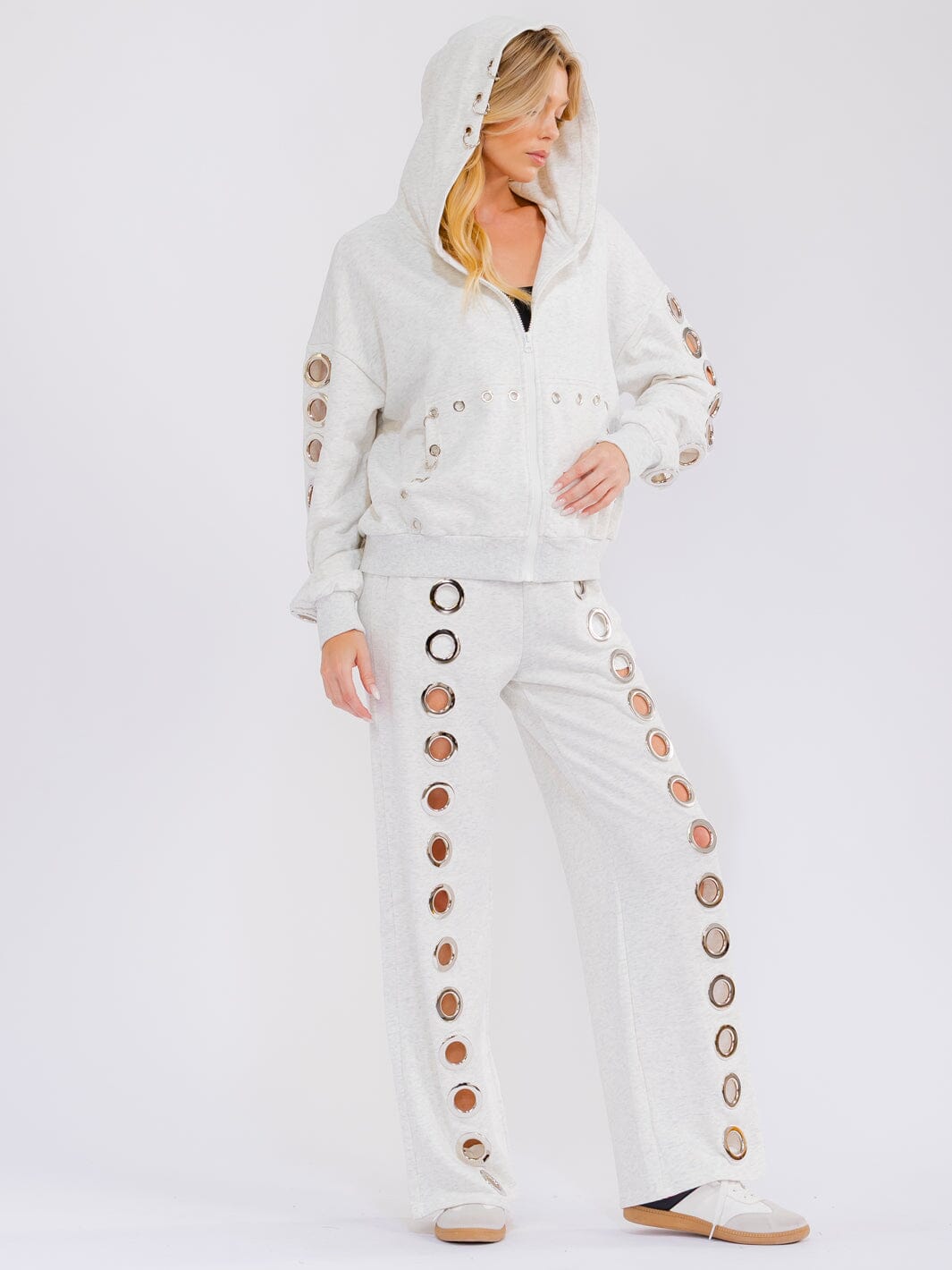 WOMEN'S LONG SLEEVE HOODED SWEATER & ELASTIC WAIST WIDE LEG PANTS METAL EYELET DETAILED 2PC. SET