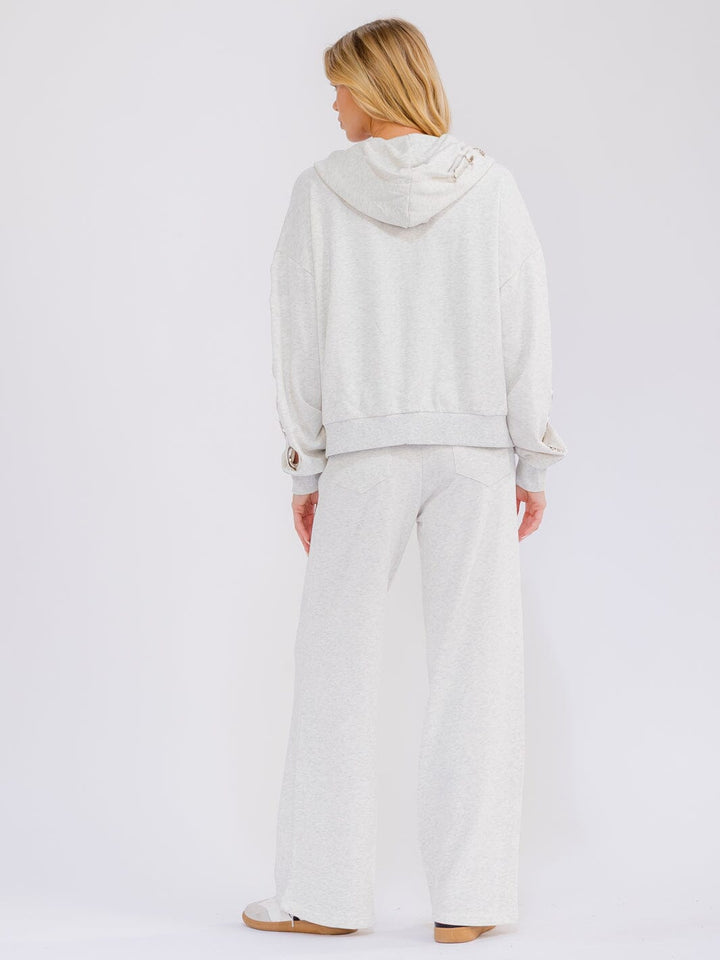 WOMEN'S LONG SLEEVE HOODED SWEATER & ELASTIC WAIST WIDE LEG PANTS METAL EYELET DETAILED 2PC. SET