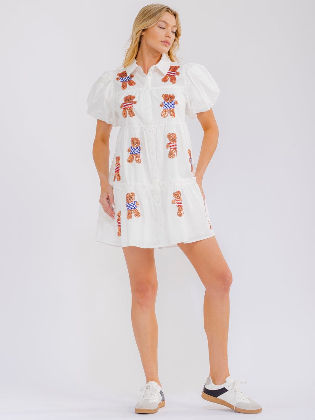 WOMEN'S SHORT SLEEVE BUTTON UP FRONT POCKETS TIERED SEQUINS MINI DRESS