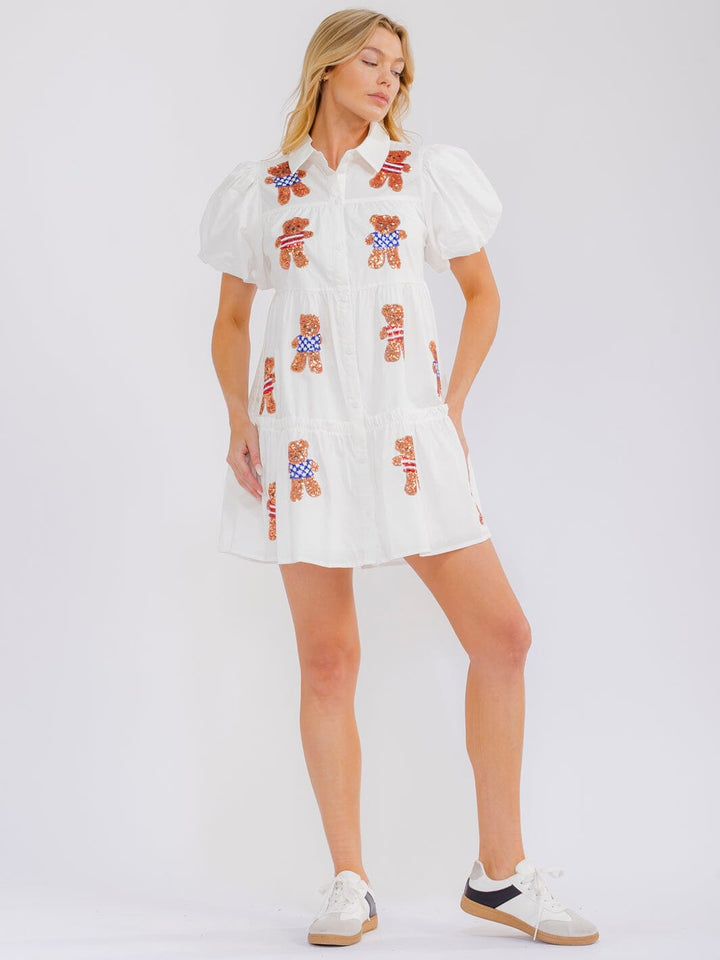 WOMEN'S SHORT SLEEVE BUTTON UP FRONT POCKETS TIERED SEQUINS MINI DRESS