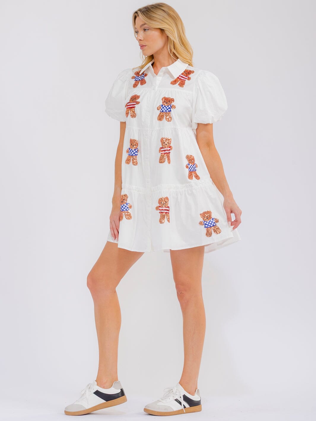WOMEN'S SHORT SLEEVE BUTTON UP FRONT POCKETS TIERED SEQUINS MINI DRESS