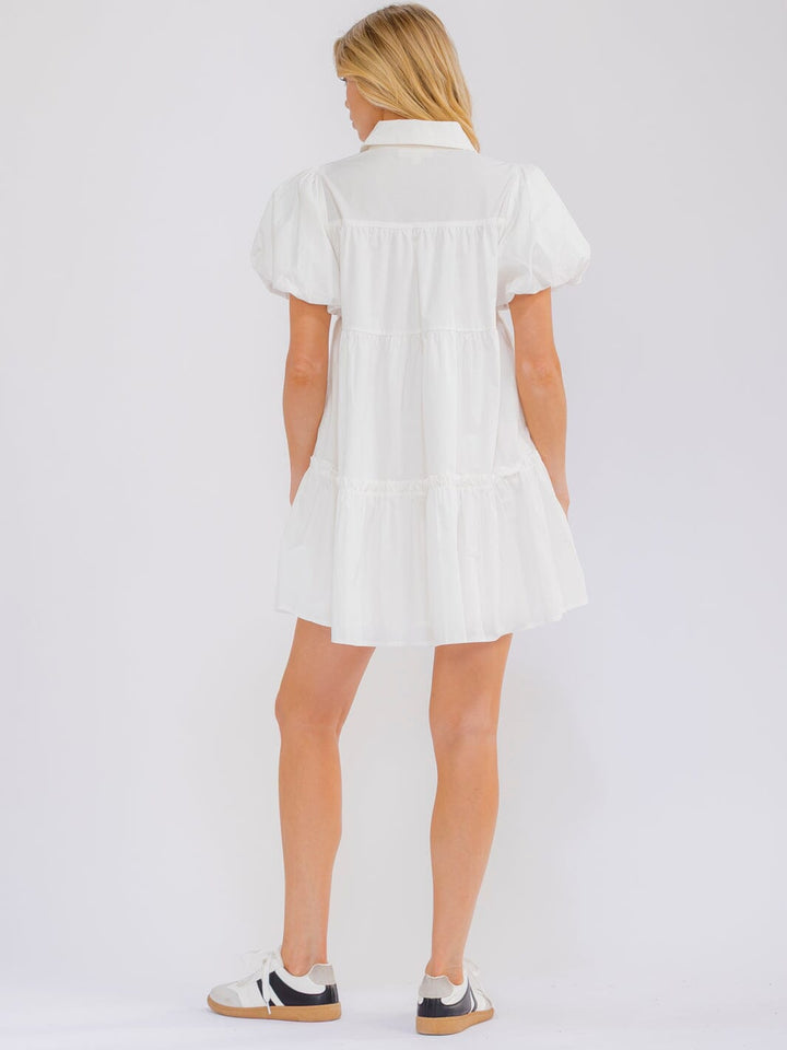 WOMEN'S SHORT SLEEVE BUTTON UP FRONT POCKETS TIERED SEQUINS MINI DRESS