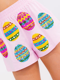 WOMEN'S ELASTIC WAIST FRONT POCKETS SEQUINS PRINT MINI SHORTS