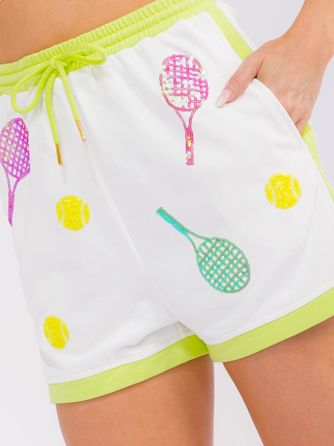 WOMEN'S ELASTIC WAIST SELF TIE SEQUINS PRINT MINI SHORTS