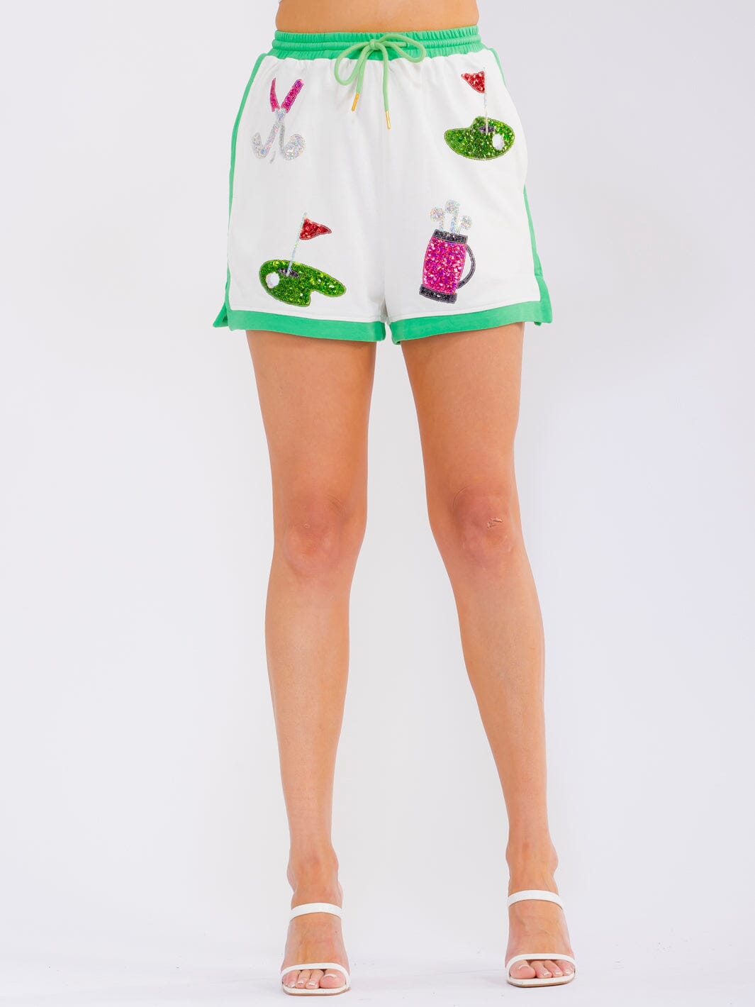 WOMEN'S ELASTIC WAIST SELF TIE FRONT POCKETS SEQUINS PRINT MINI SHORTS