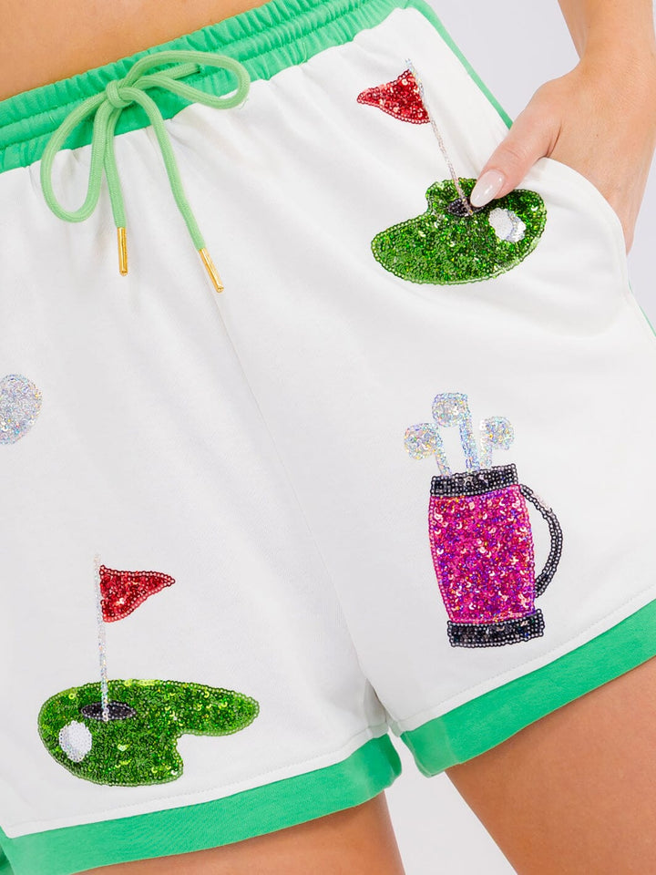 WOMEN'S ELASTIC WAIST SELF TIE FRONT POCKETS SEQUINS PRINT MINI SHORTS