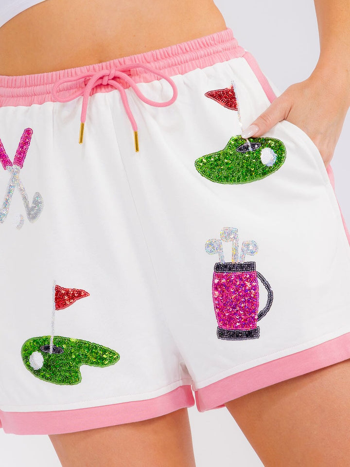 WOMEN'S ELASTIC WAIST SELF TIE FRONT POCKETS SEQUINS PRINT MINI SHORTS