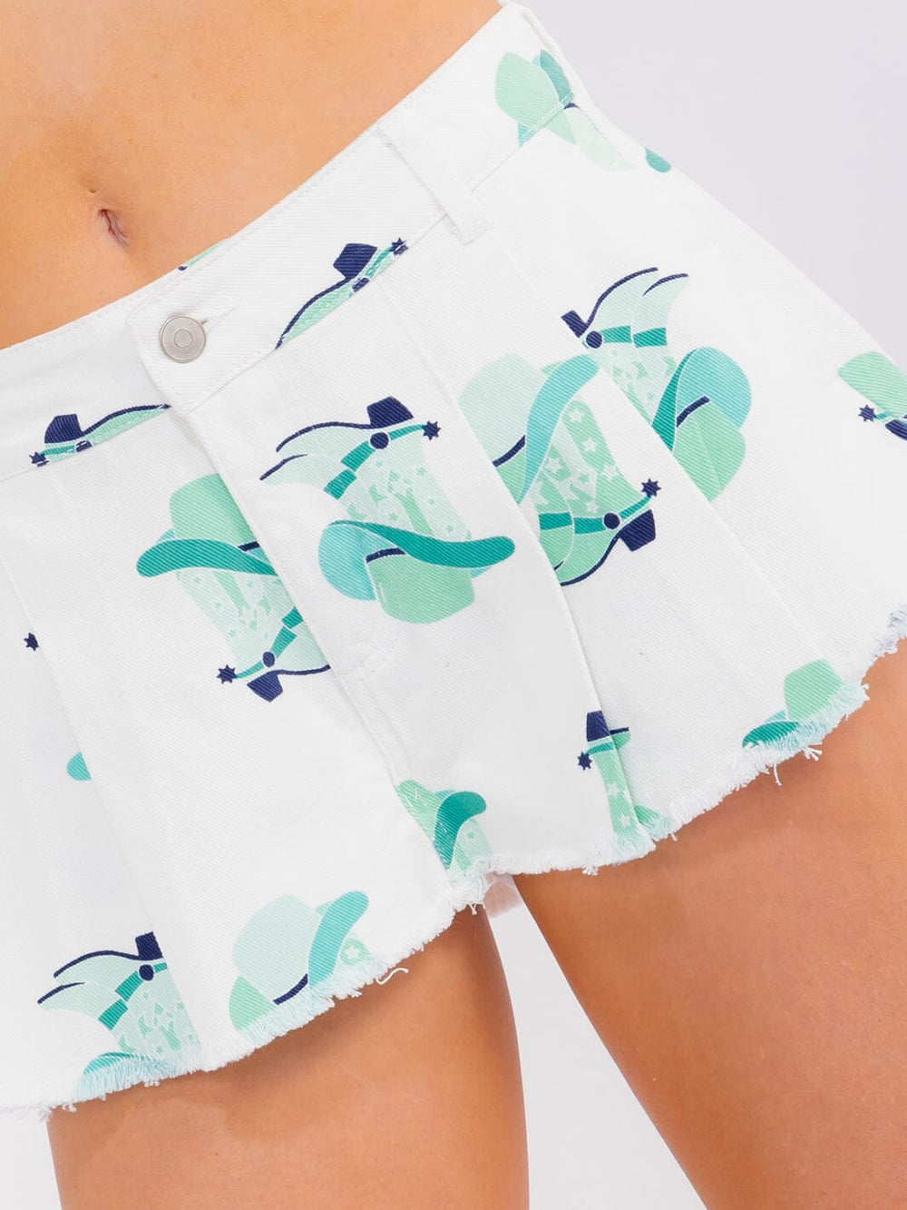 WOMEN'S BUTTON CLOSURE FRONT POCKETS MULTI PRINT DENIM MINI SKORT