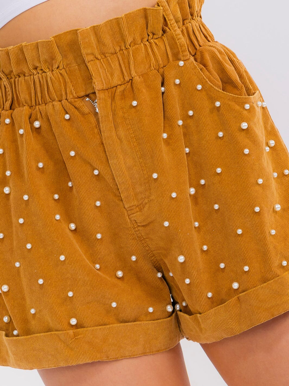 WOMEN'S ELASTIC WAIST BUTTON CLOSURE POCKETS CORDUROY PEARL MINI SHORTS