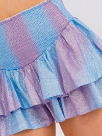 WOMEN'S ELASTIC WAIST RUFFLE TIERED SHIMMER COLORBLOCK MINI SHORTS