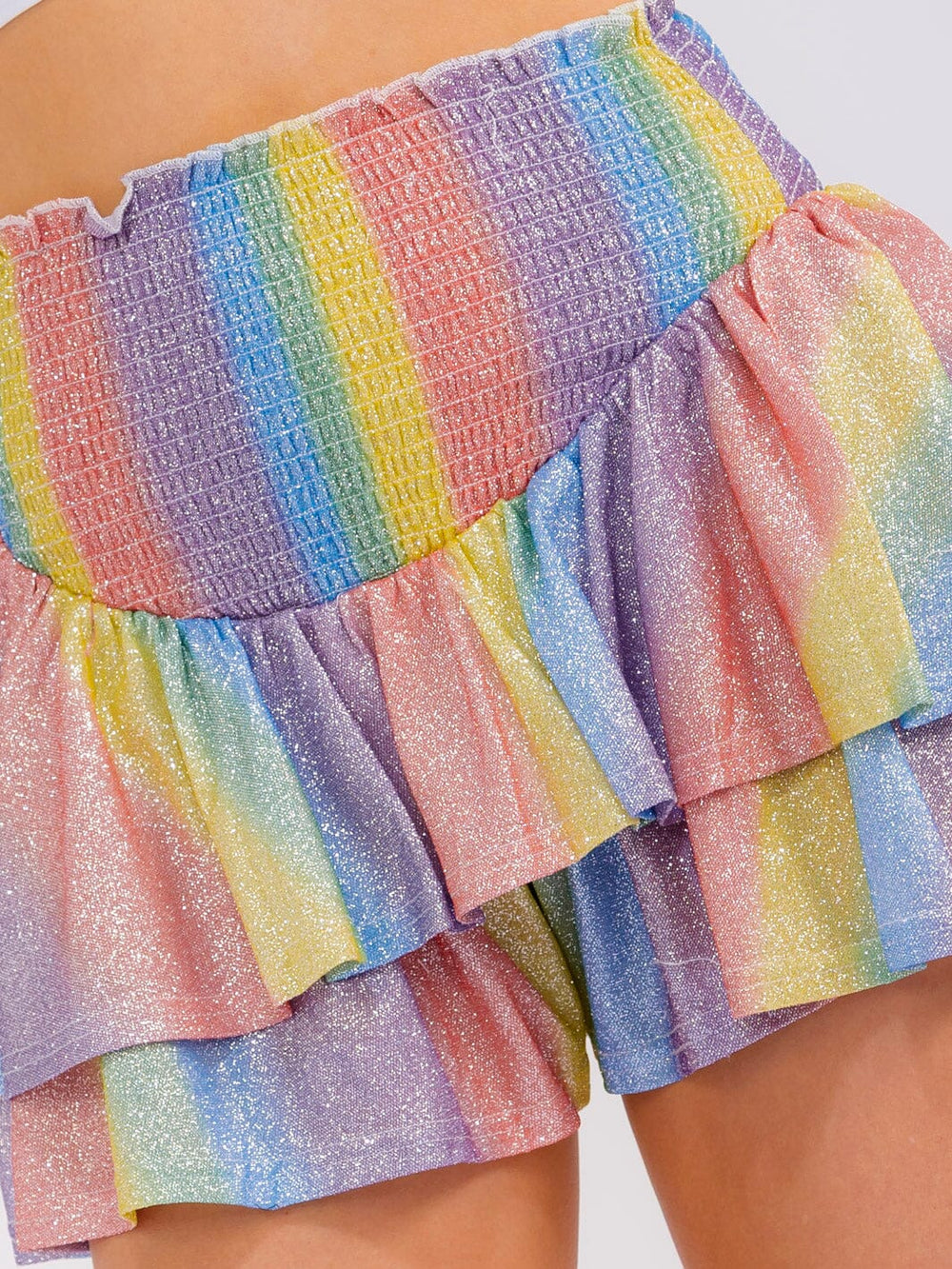 WOMEN'S ELASTIC WAIST RUFFLE TIERED SHIMMER COLORBLOCK MINI SHORTS