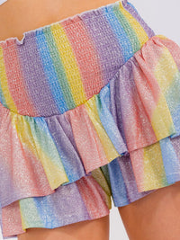 WOMEN'S ELASTIC WAIST RUFFLE TIERED SHIMMER COLORBLOCK MINI SHORTS