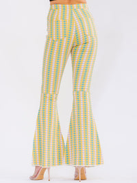 WOMEN'S ZIPPER CLOSURE BACK POCKETS MULTI PRINT BELL LEGS STRETCH DENIM PANTS