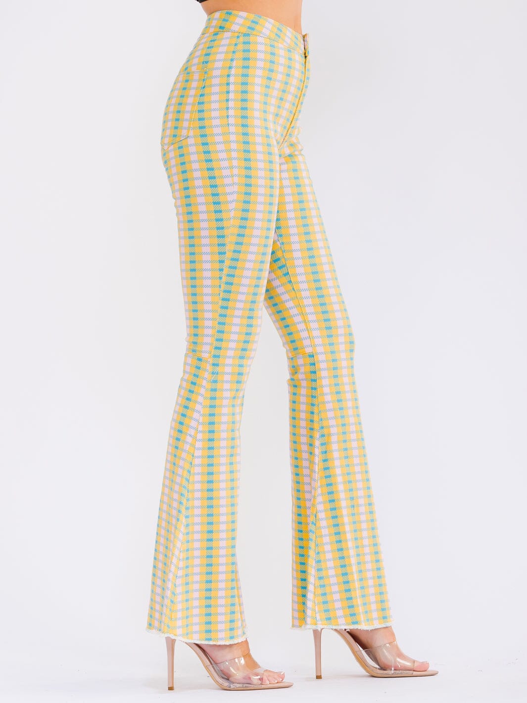 WOMEN'S ZIPPER CLOSURE BACK POCKETS MULTI PRINT BELL LEGS STRETCH DENIM PANTS