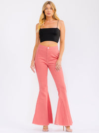 WOMEN'S BUTTON CLOSURE POCKETS BELL LEG STRETCH DENIM PANTS