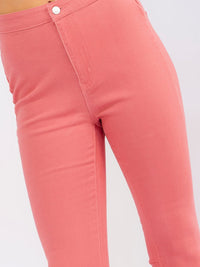 WOMEN'S BUTTON CLOSURE POCKETS BELL LEG STRETCH DENIM PANTS