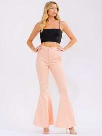 WOMEN'S BUTTON CLOSURE POCKETS BELL LEG STRETCH DENIM PANTS