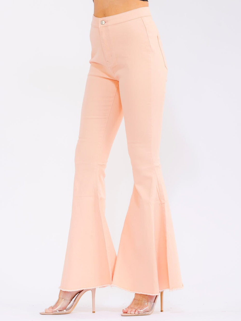 WOMEN'S BUTTON CLOSURE POCKETS BELL LEG STRETCH DENIM PANTS