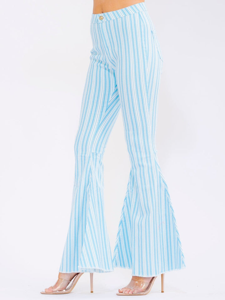 WOMEN'S BUTTON CLOSURE POCKETS BELL LEG STRETCH DENIM STRIPES PANTS