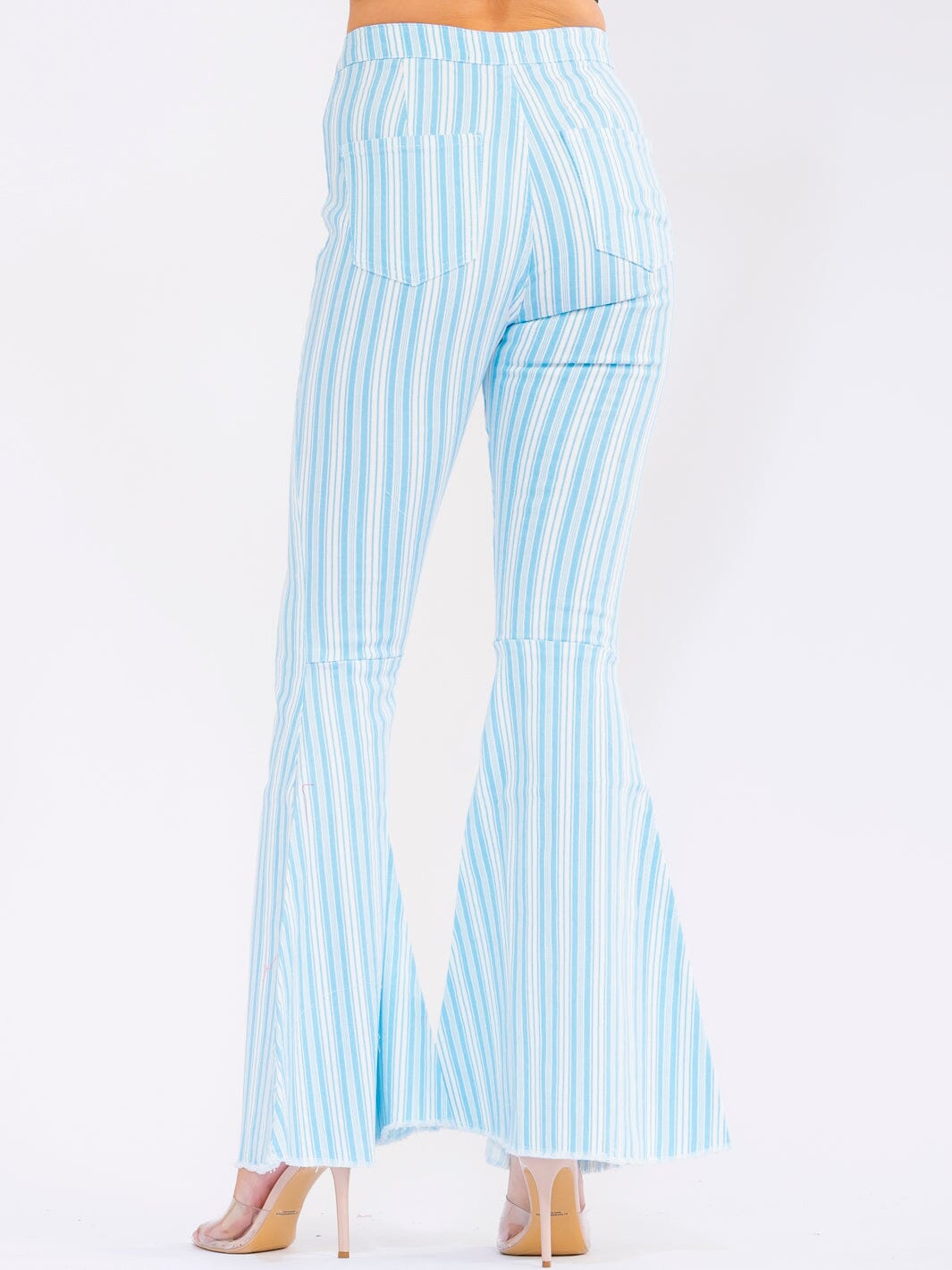 WOMEN'S BUTTON CLOSURE POCKETS BELL LEG STRETCH DENIM STRIPES PANTS