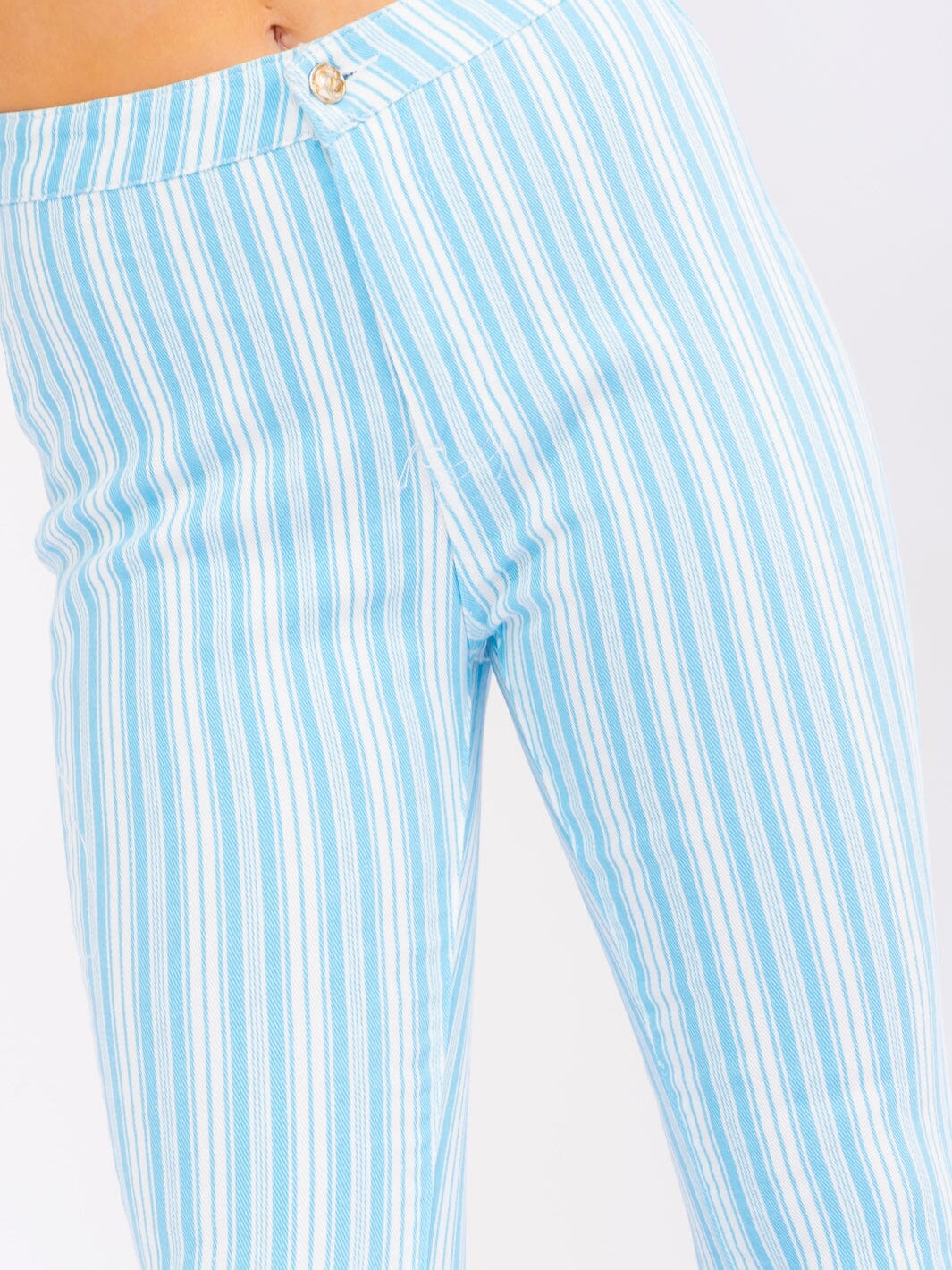 WOMEN'S BUTTON CLOSURE POCKETS BELL LEG STRETCH DENIM STRIPES PANTS