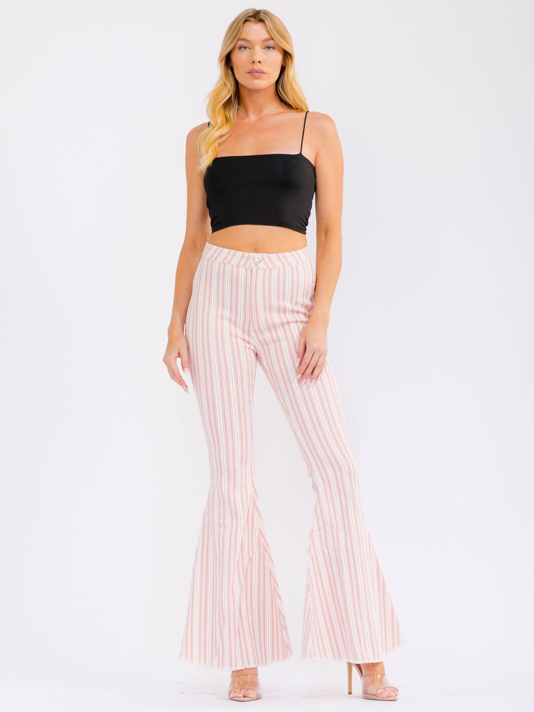 WOMEN'S BUTTON CLOSURE POCKETS BELL LEG STRETCH DENIM STRIPES PANTS